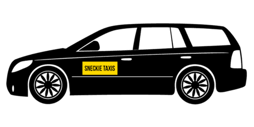 A black car with a yellow sticker on the side that says swedish taxis.
