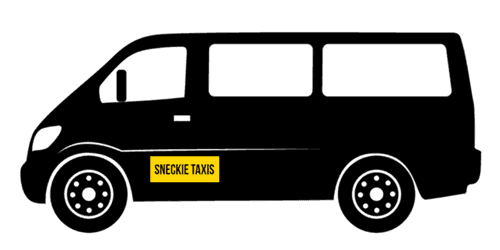 A black van with a yellow license plate that says smeckie taxis