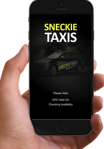 A hand is holding a phone that says sneckie taxis on the screen.
