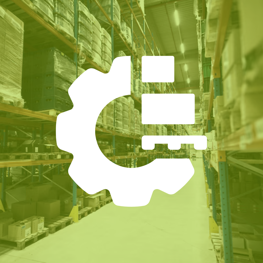 A warehouse with a gear and boxes on the shelves