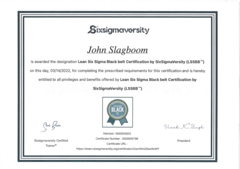 John Slagboom heeft zijn Lean Six Sigma Black Belt-certificering van Sixsigmauversity behaald.