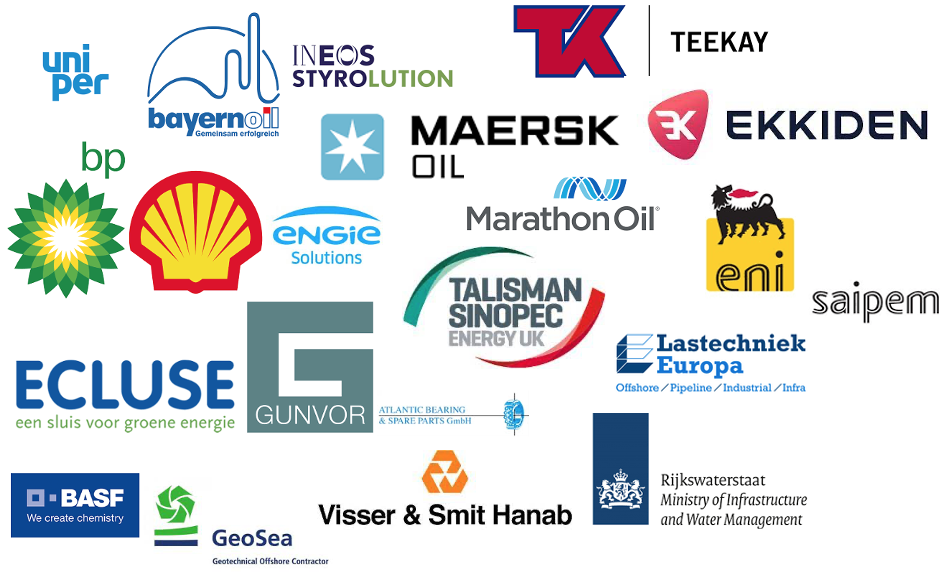 Logo's van diverse bedrijven, waaronder olie- en energiebedrijven zoals Shell, Maersk en BP.