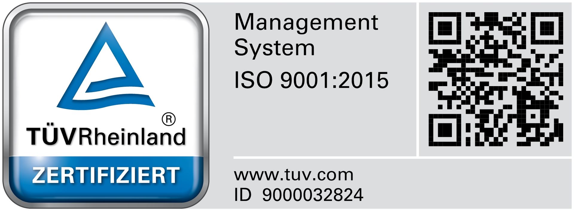 TÜV Rheinland ISO 9001:2015-certificeringsmerk met een QR-code.