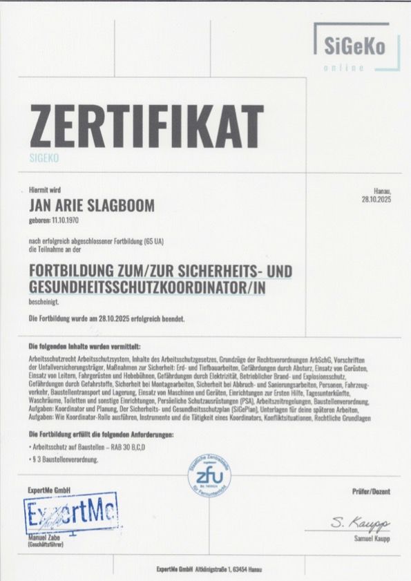 Certificaat coördinator veiligheid en gezondheid.