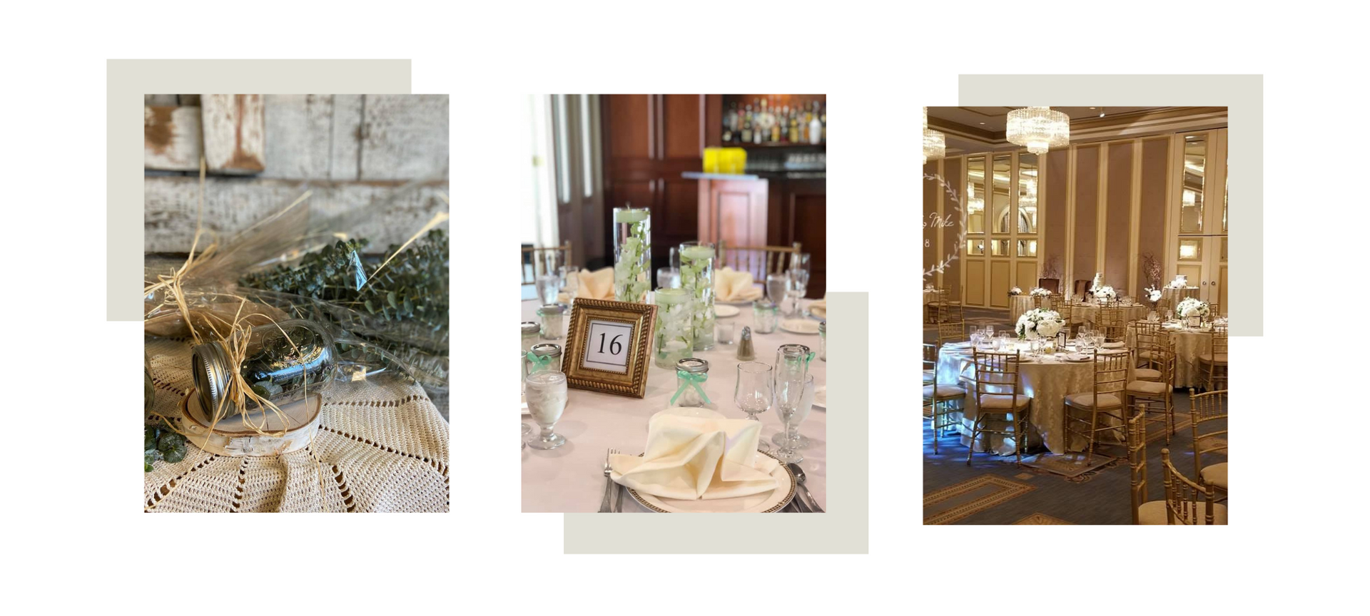 Three elegant wedding table settings with cream florals, candles, and gold accents in a refined indoor venue