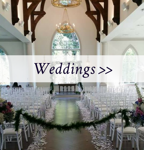 Bright church aisle with white chairs and floral garland, overlaid text: “Weddings >>”