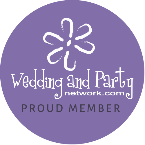 Purple “Wedding and Party Network.com” badge with a floral icon and “Proud Member” text