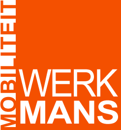 Oranje en wit Mobiliteitswerkmans-logo met verticale tekst en grote WERK MANS-letters.