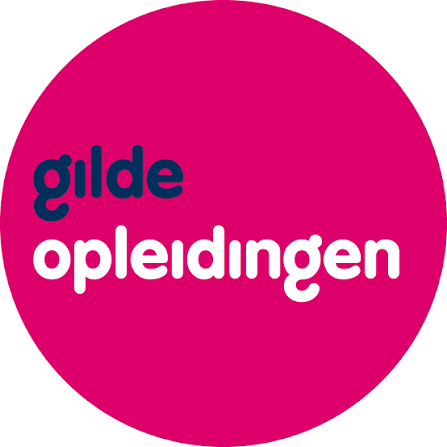 Roze cirkellogo met blauw-witte tekst