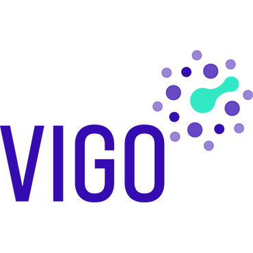 VIGO-logo in paars met een abstract stippencluster-icoon in turquoise.