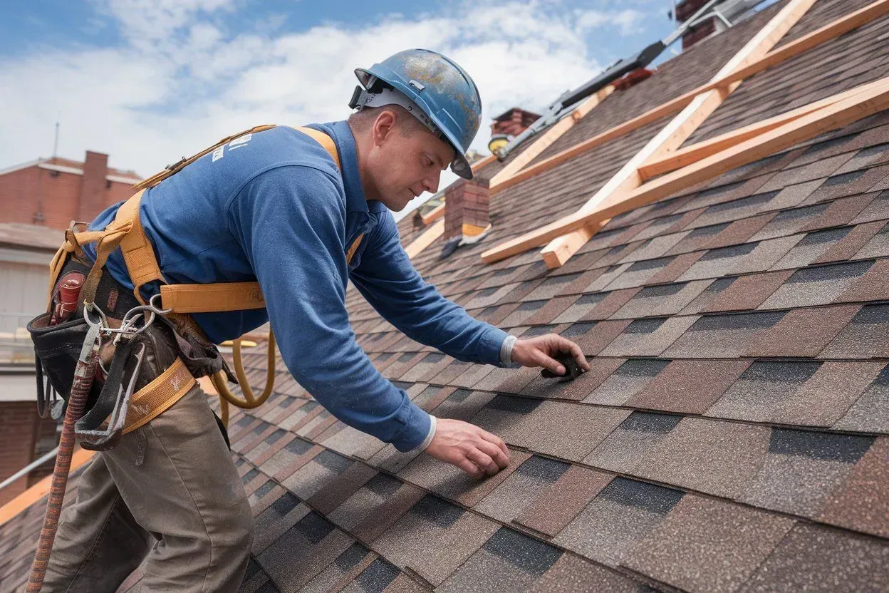 Worker kneeling on a shingled roof, repairing shingles with a tool belt and hard hat.