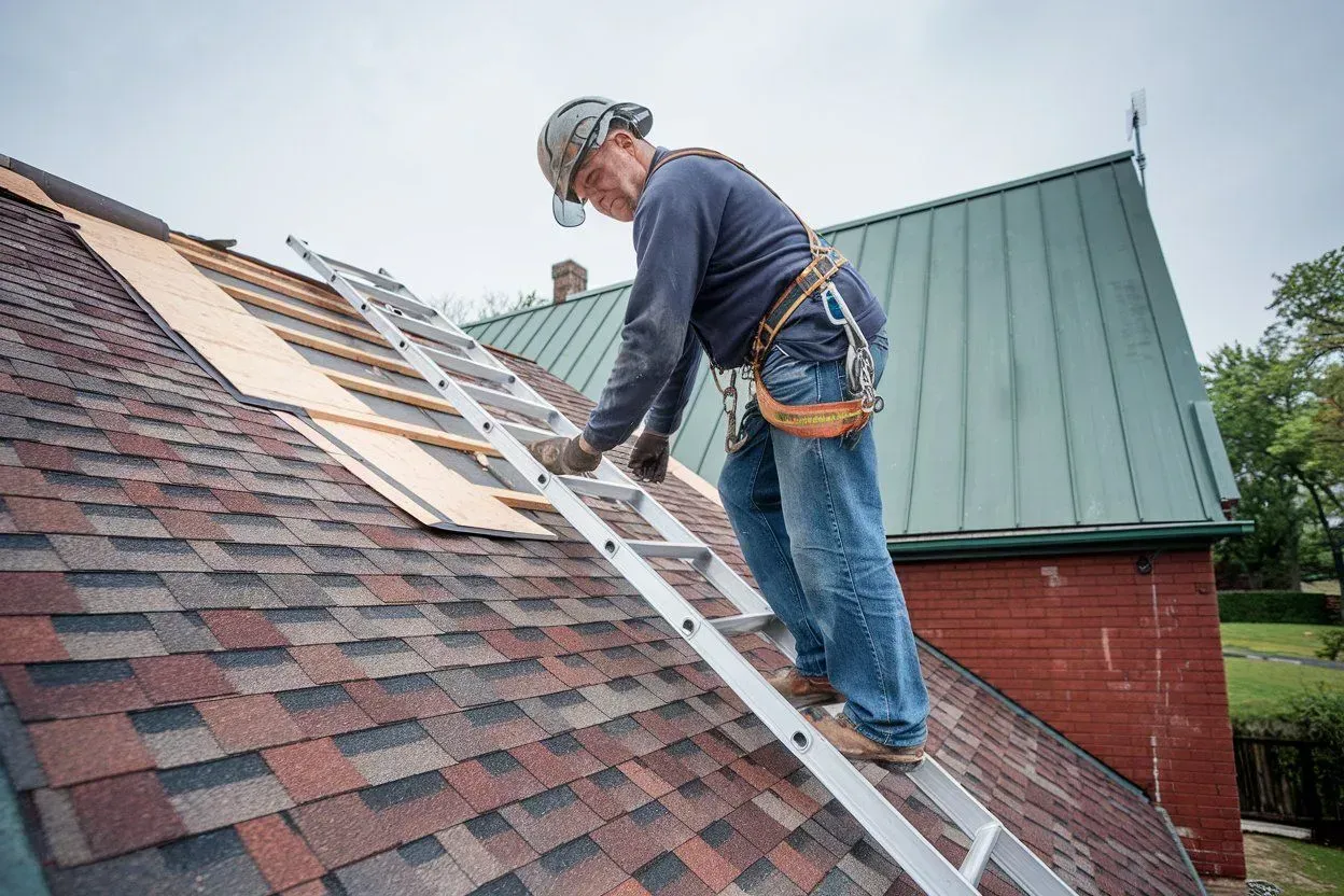 Worker on a ladder repairing a red shingle roof beside a green metal roof.