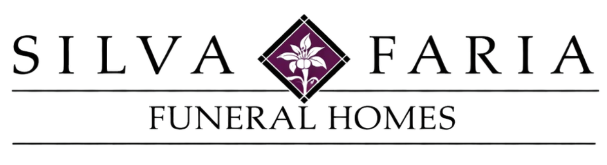 Logo for Silva Faria Funeral Homes, featuring text and a diamond-shaped emblem on a purple background.