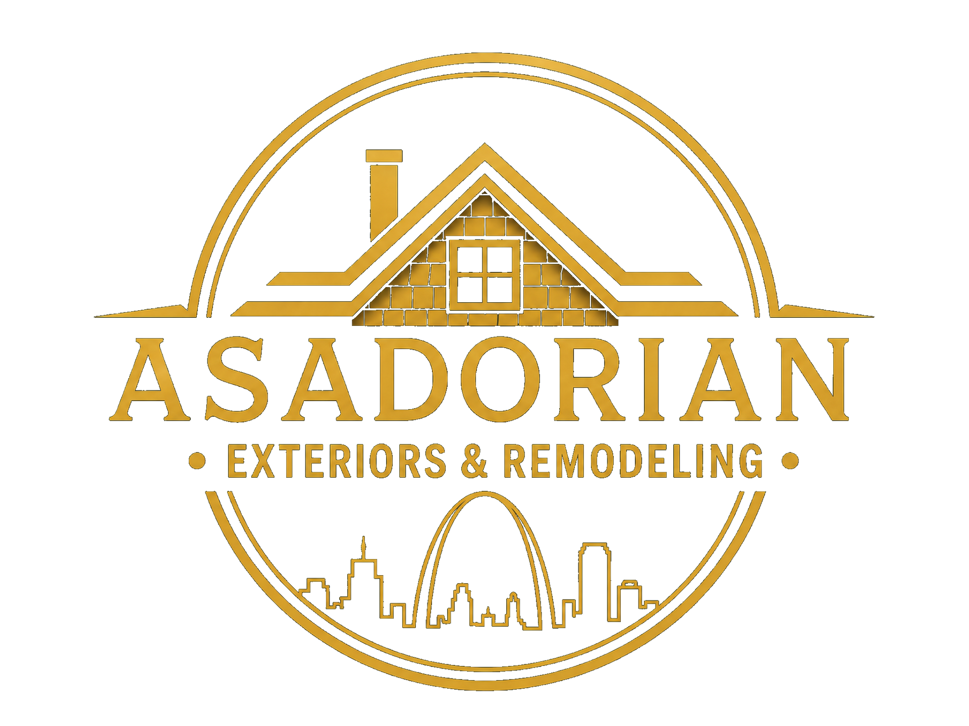 Gold logo for Asadorian Exteriors & Remodeling with house roof and city skyline inside a circle