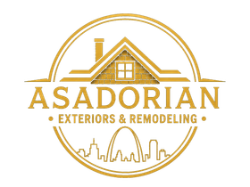 Gold logo for Asadorian Exteriors & Remodeling with house roof and city skyline inside a circle