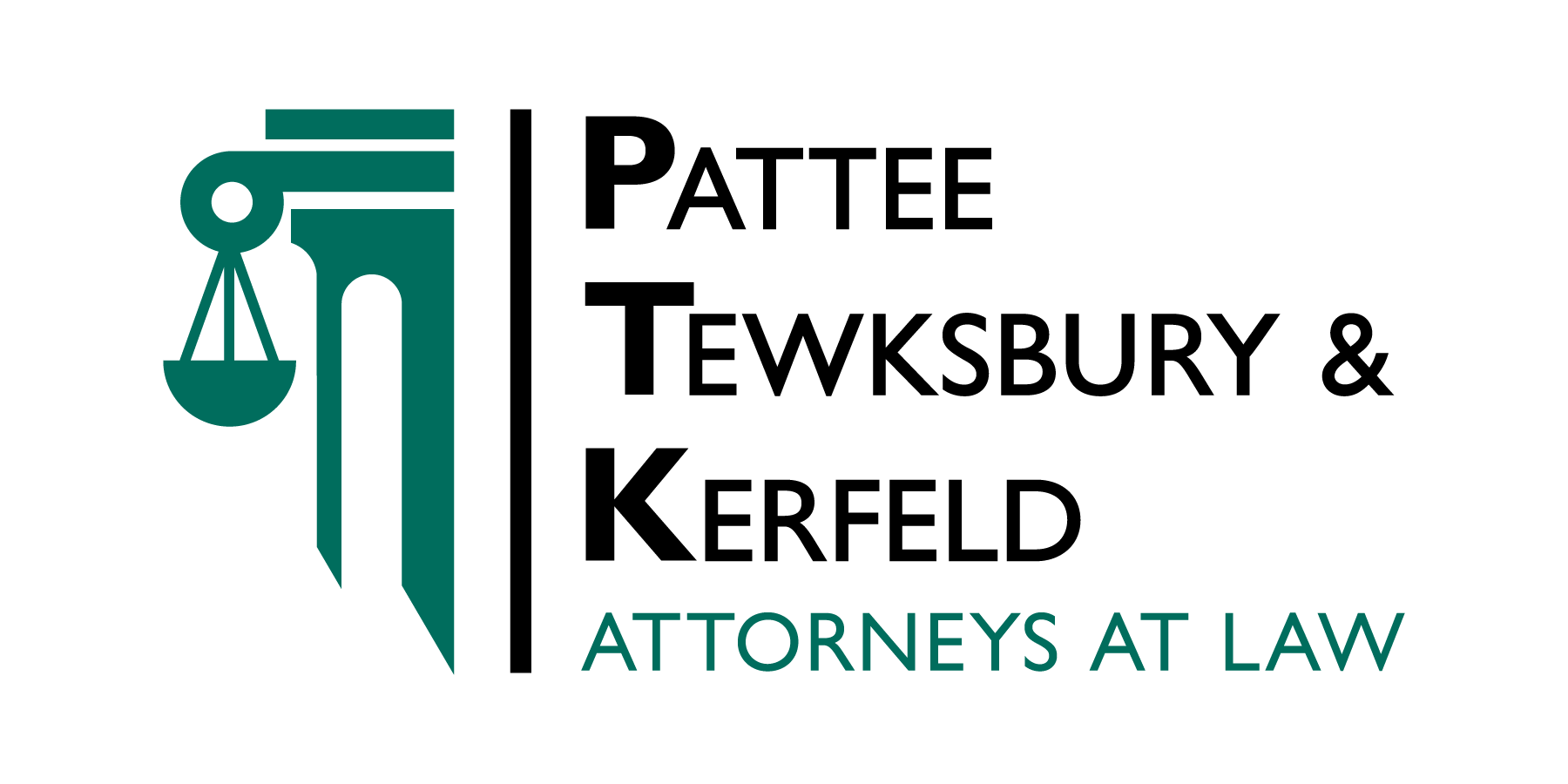 Logo for Pattee Tewksbury & Kerfeld Attorneys at Law in green and black