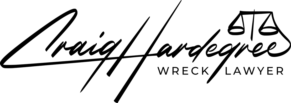 Logo for Craig Hardegree, Wreck Lawyer, featuring his name in a stylized signature font with a scale of justice icon.