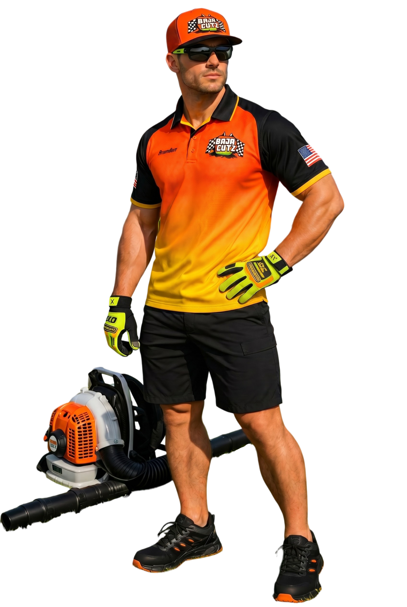 A person in an orange and yellow polo, shorts, and safety gloves poses next to a leaf blower against a white background.