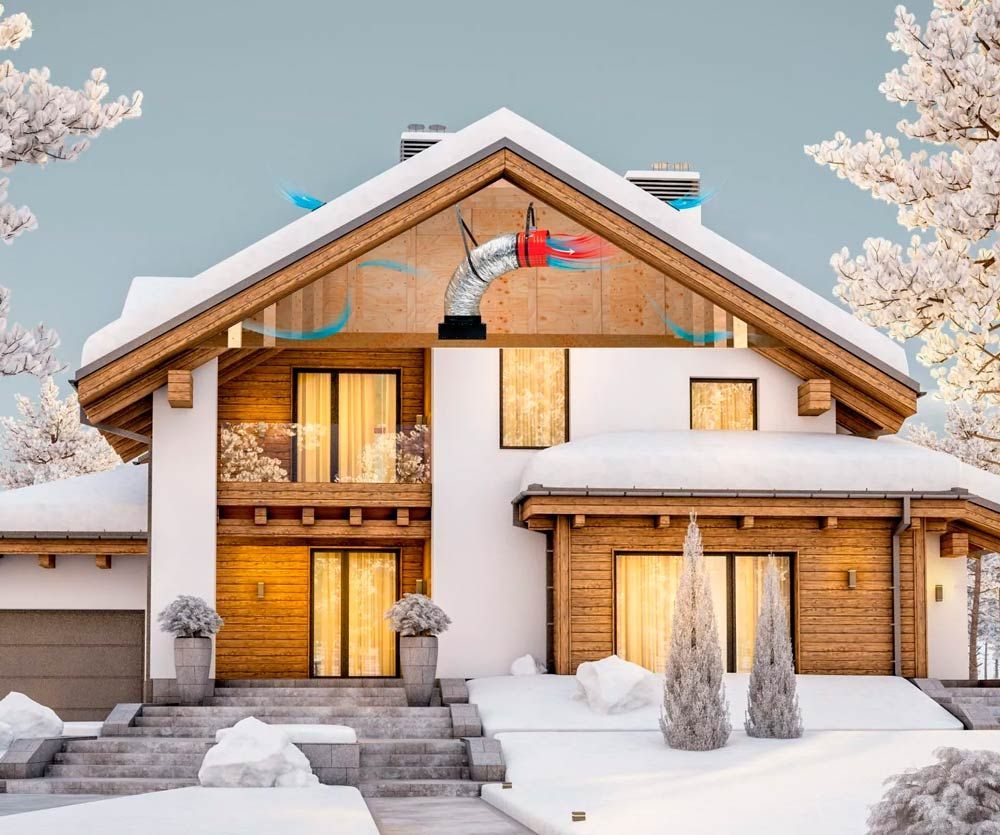 Snow-covered wooden house with warm lights and a garage, framed by blossoming trees under a pale sky