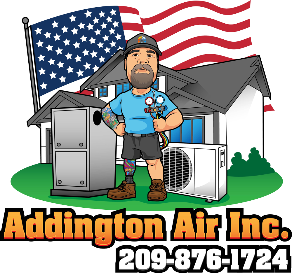 Addington Air Inc. logo with technician, HVAC units, American flag, and phone number 209-876-1724