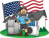 HVAC technician cartoon with U.S. flag, standing by furnace, air conditioner, and house