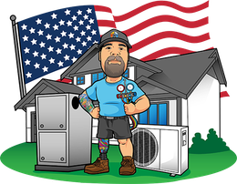 HVAC technician standing by a home with AC unit and furnace, with US flag in the background