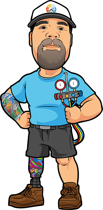Cartoon plumber in cap and tool belt, holding wrench, with colorful tattooed arms and legs.