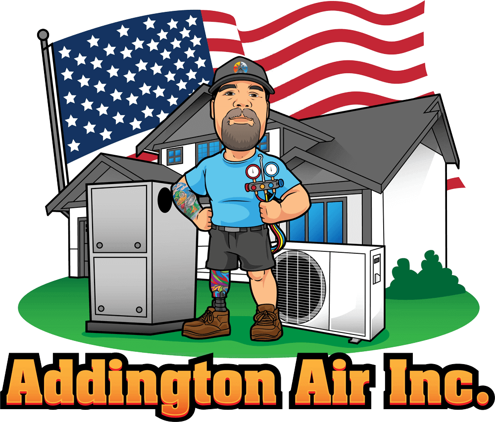 Addington Air Inc. logo with technician, HVAC units, and an American flag背景