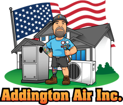 Addington Air Inc. logo with technician, HVAC units, and an American flag背景