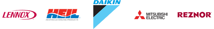 HVAC brand logos for Lennox, Bosch, Daikin, Mitsubishi Electric, and Reznor on a white background