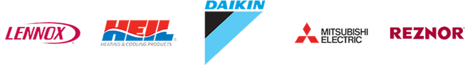 HVAC brand logos for Lennox, Bosch, Daikin, Mitsubishi Electric, and Reznor on a white background