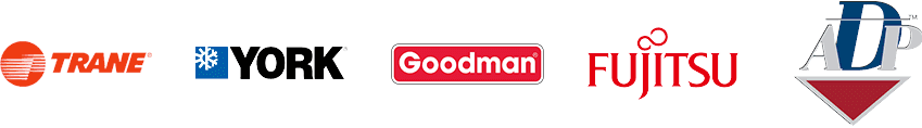 Brand logos for Trane, York, Goodman, Fujitsu, and ADP on a white background