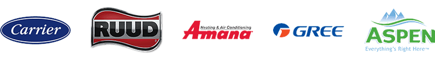 Carrier, Ruud, Amana, Gree, and Aspen HVAC brand logos on a white background