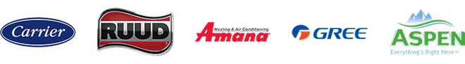 Carrier, Ruud, Amana, Gree, and Aspen HVAC brand logos on a white background
