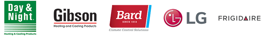 Logos for Day & Night, Gibson, Bard, LG, and Frigidaire brands on a white background