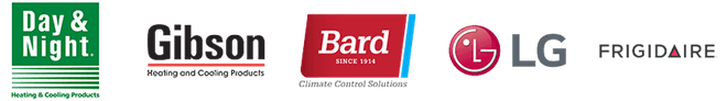 Logos for Day & Night, Gibson, Bard, LG, and Frigidaire brands on a white background