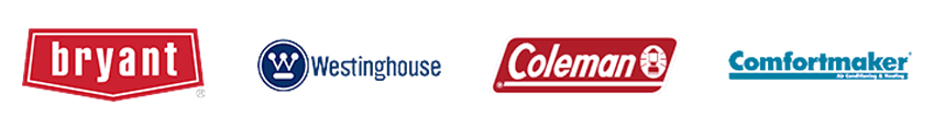 Bryant, Westinghouse, Coleman, and Comfortmaker brand logos in a row on a white background