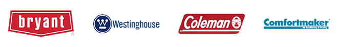 Bryant, Westinghouse, Coleman, and Comfortmaker brand logos in a row on a white background