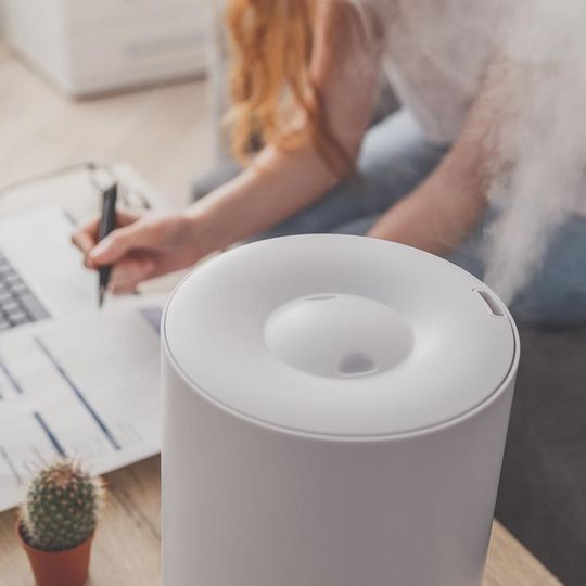 White humidifier releasing mist on a desk beside a laptop and potted cactus, with a person writing in the background
