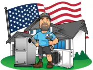 HVAC technician standing in front of a house with an American flag and air conditioning units