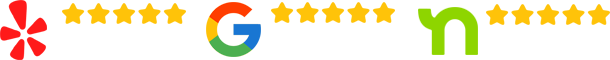 Logo strip with red flower, yellow stars, Google G, green y, and orange star icons on white background