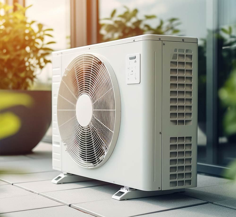 Outdoor air conditioner unit on a patio, with a large fan and side vents in soft sunlight