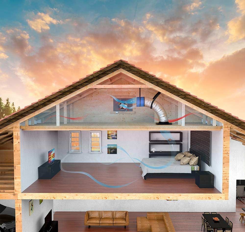 Cutaway of a modern tiny house interior with loft bed, kitchenette, and living area at sunset