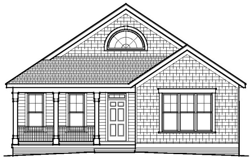 Cottage-style house with porch, arched window, and shingle siding.