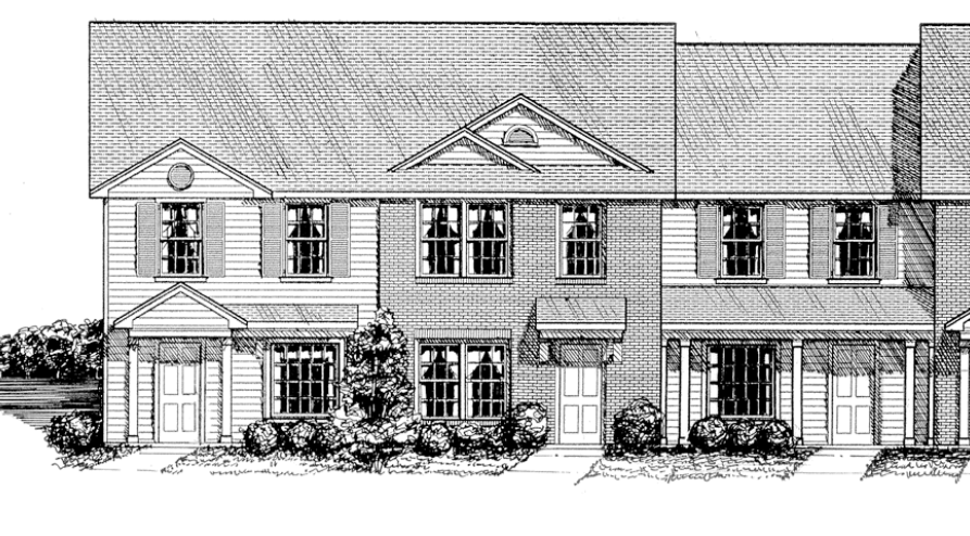 Row of attached townhomes with gabled roofs, shutters, and small front porches.