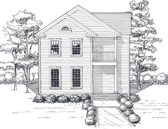 Two-story house with porch, two windows on each level, surrounded by trees and landscaping.