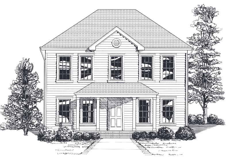 Two-story house with porch and gabled roof, surrounded by trees and shrubs.