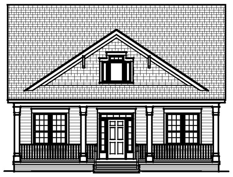 Front elevation of a house with a porch, gable roof, and a central entry door flanked by windows.
