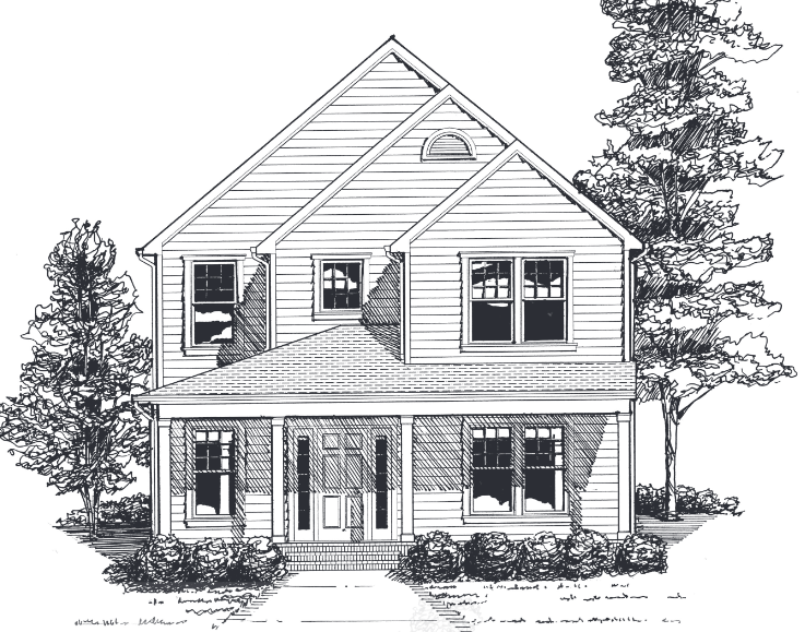 Two-story house with porch and gabled roof. Windows and trees frame the building.