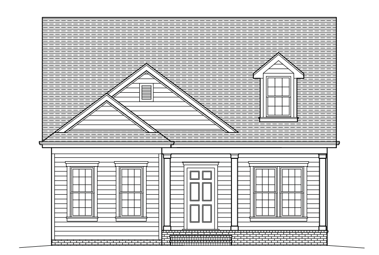 Front elevation of a small house with a porch, windows, and a gabled roof.